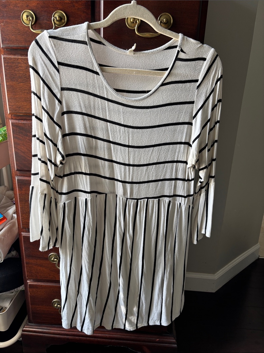 Striped White and Black Peplum Sleeve Maternity Top